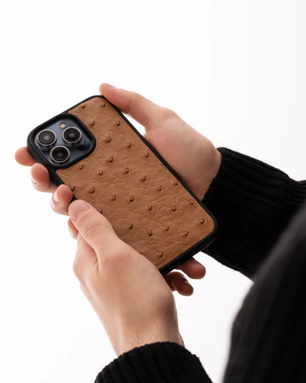 Case made of light brown ostrich skin for iPhone 12 Mini in Kyiv