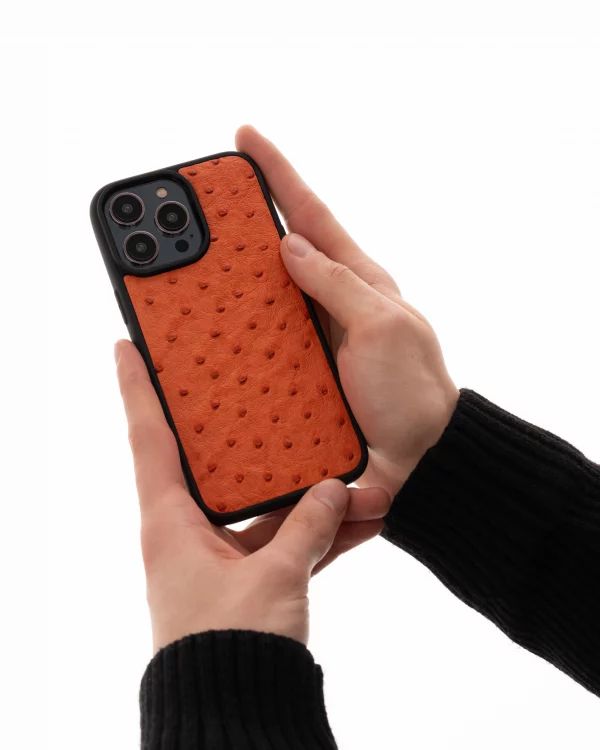 ціна на Чохол із помаранчевої шкіри страуса з фолікулами для iPhone 14 Pro