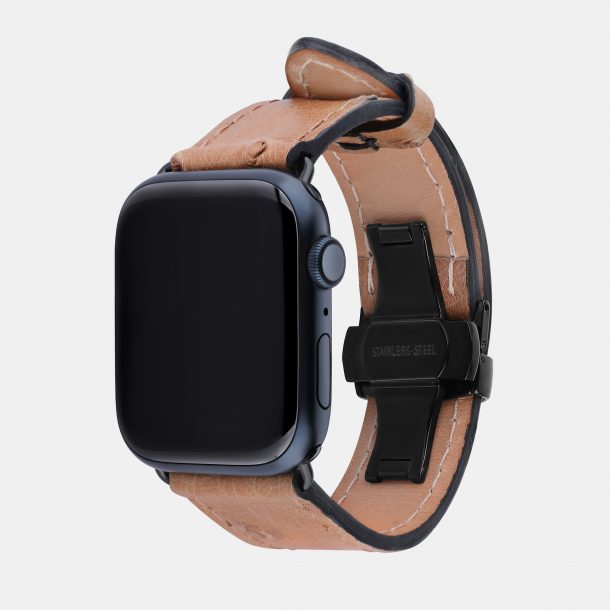 Apple Watch band made of ostrich leather in light brown color with follicles