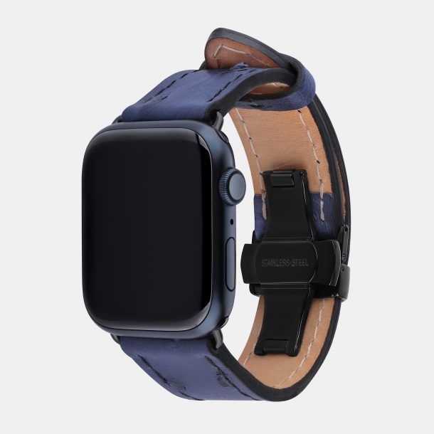 Band for Apple Watch made of ostrich skin in blue color with follicles