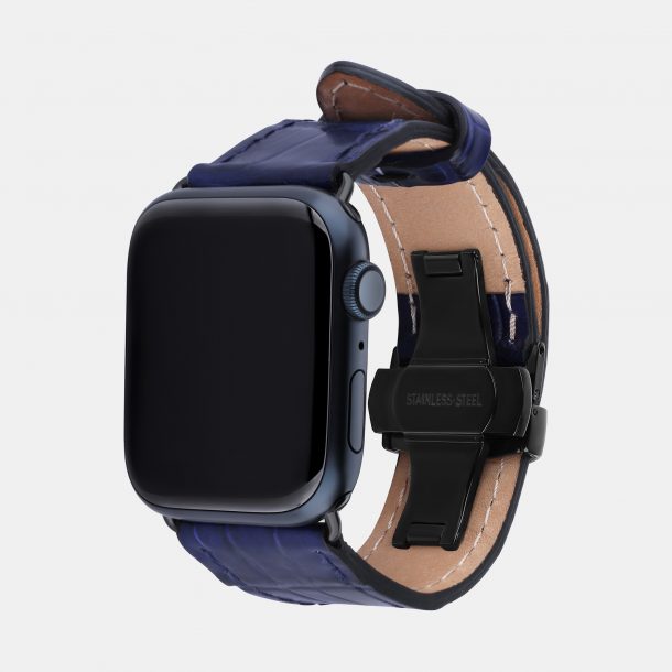 Band for Apple Watch with crocodile skins in dark blue color