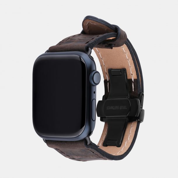 Ремешок для Apple Watch из телячьей кожи, тисненой под крокодила в темно-коричневом цвете.