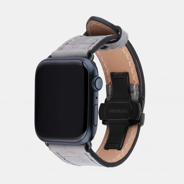Ремешок для Apple Watch из телячьей кожи, тисненой под крокодила в сером цвете.
