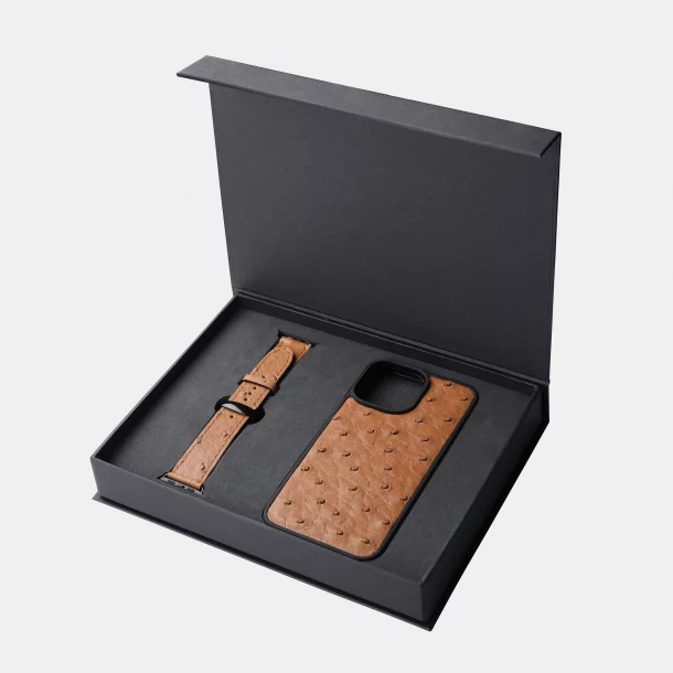 Set in light brown ostrich leather, iPhone case and Apple Watch band