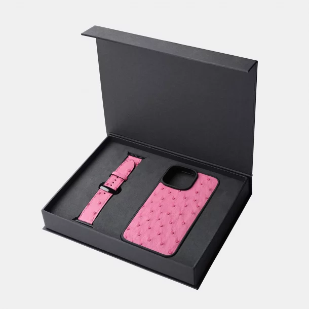 Hot pink ostrich leather iPhone case and Apple Watch band set