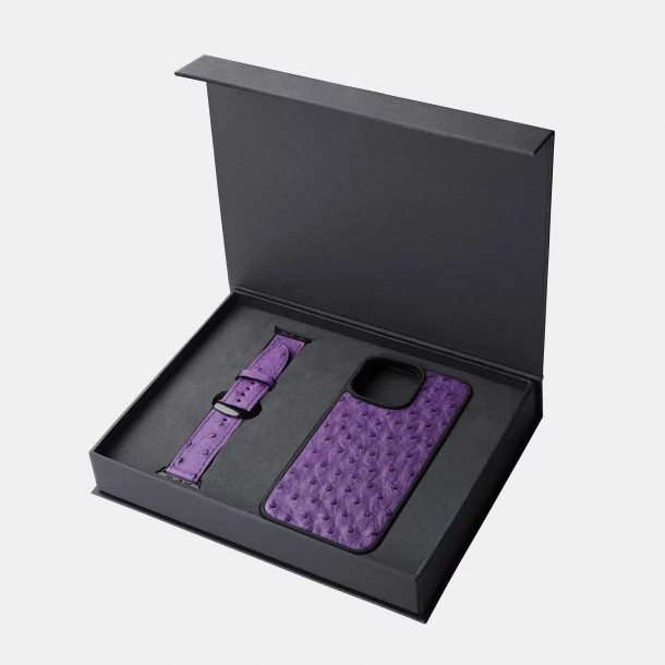 Set of purple ostrich skin, iPhone case and Apple Watch band