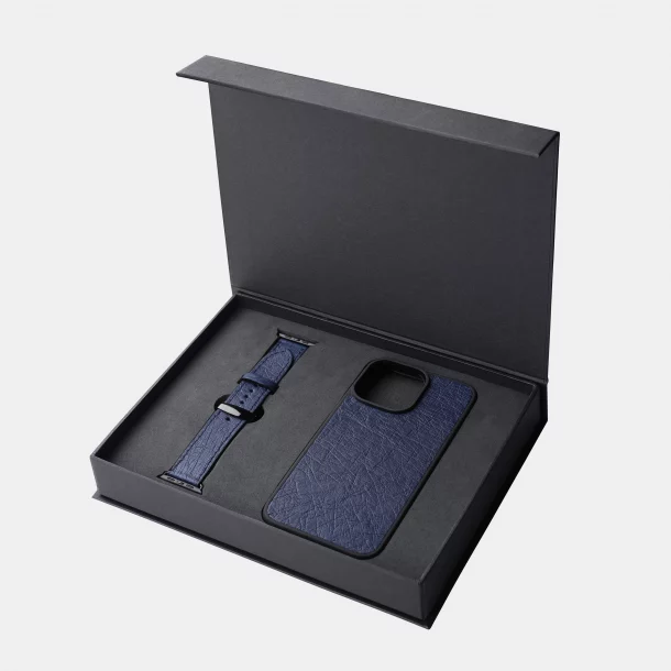 Набір із синьої шкіри страуса без фолікул, чохол для iPhone та ремінець Apple Watch