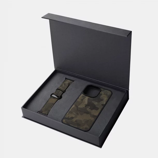 Набір з телячої шкіри камуфляж з нубуковим покриттям, чохол для iPhone та ремінець Apple Watch