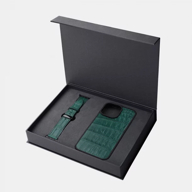 Набір із зеленої шкіри крокодила, чохол для iPhone та ремінець Apple Watch