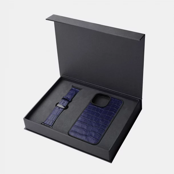 Set of dark blue crocodile skin, iPhone case and Apple Watch band