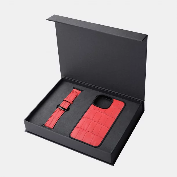 Set of red crocodile skin, iPhone case and Apple Watch band