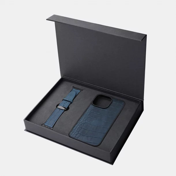 Набір із тиснення під крокодила у темно-синьому кольорі, чохол для iPhone та ремінець Apple Watch