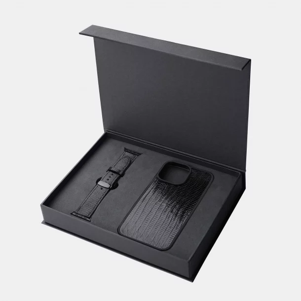 Black iguana leather iPhone case and Apple Watch band set