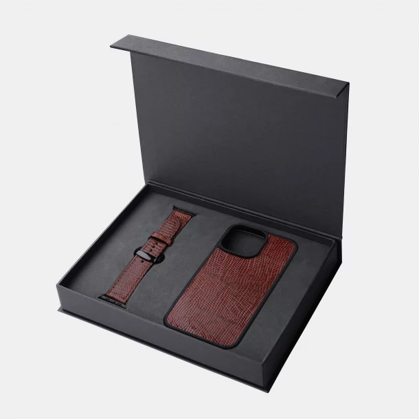 Brown iguana leather iPhone case and Apple Watch band set