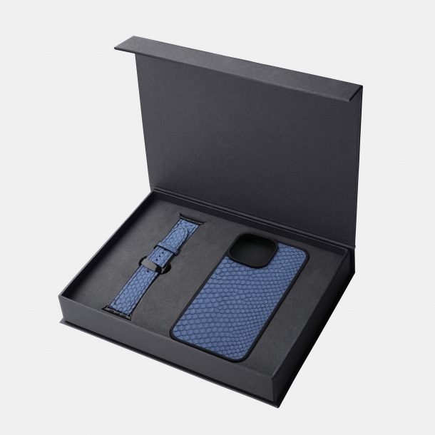 Набір із сіро-синьої шкіри пітона з дрібними лусочками, чохол для iPhone та ремінець Apple Watch