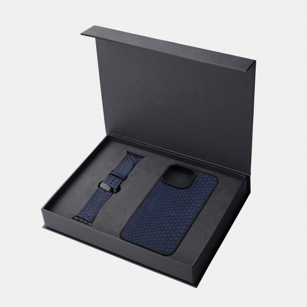 Набор из темно-синей кожи питона с мелкими чешуйками, чехол для iPhone и ремешок Apple Watch