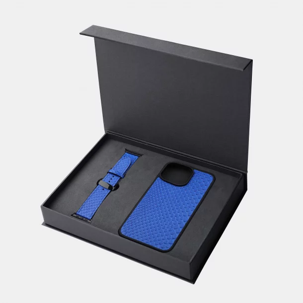 Set of blue python skin with fine scales, iPhone case and Apple Watch band