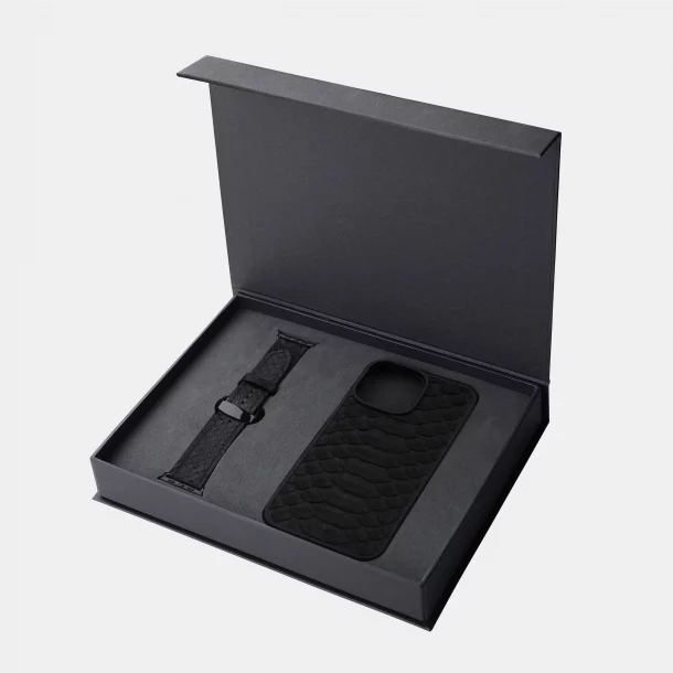 Набір з чорної шкіри пітона з широкими лусочками, чохол для iPhone і ремінець для Apple Watch