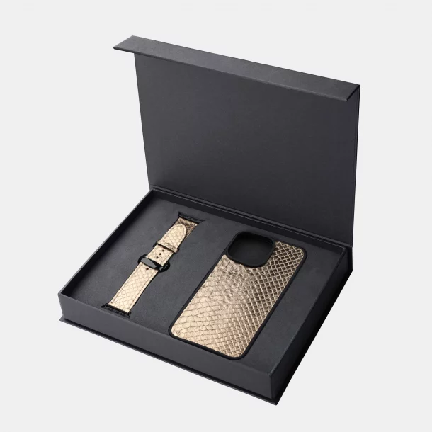 Набір із золотої шкіри пітона з дрібними лусочками, чохол для iPhone та ремінець Apple Watch
