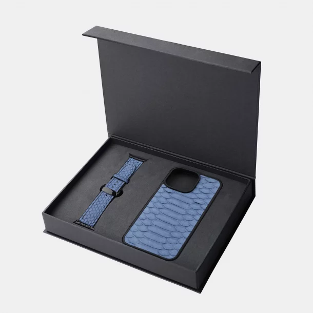Blue Gray Wide Scale Python Leather iPhone Case and Apple Watch Band Set