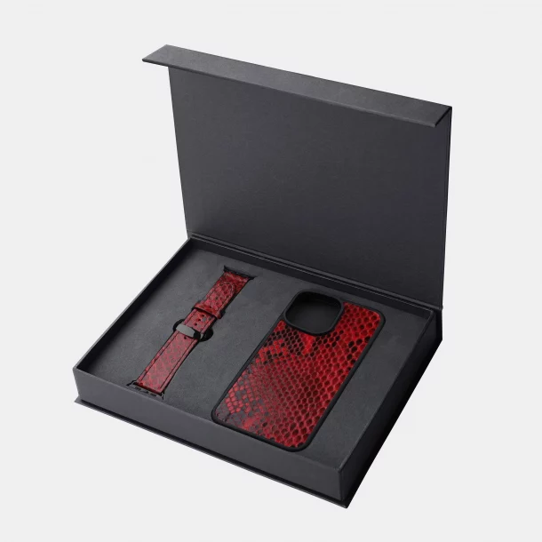 Set of red python skin with fine scales, iPhone case and Apple Watch band