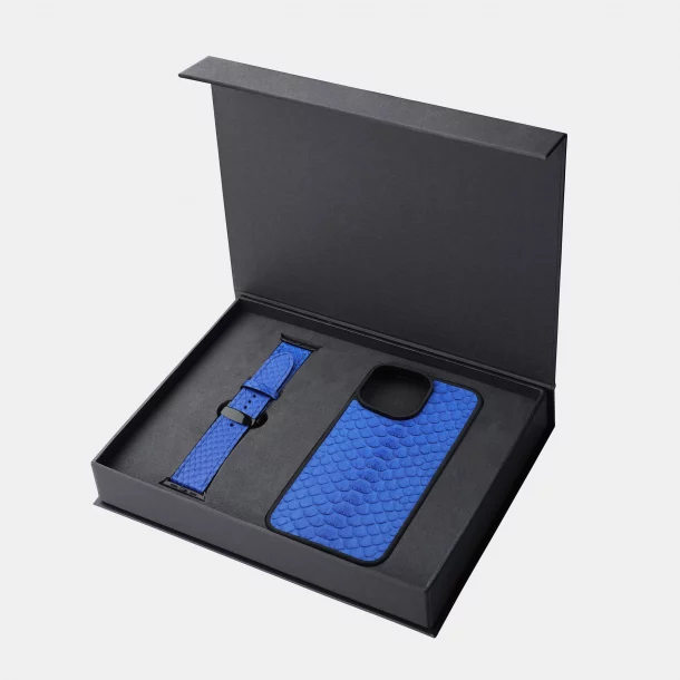 Set of blue python skin with wide scales, iPhone case and Apple Watch band