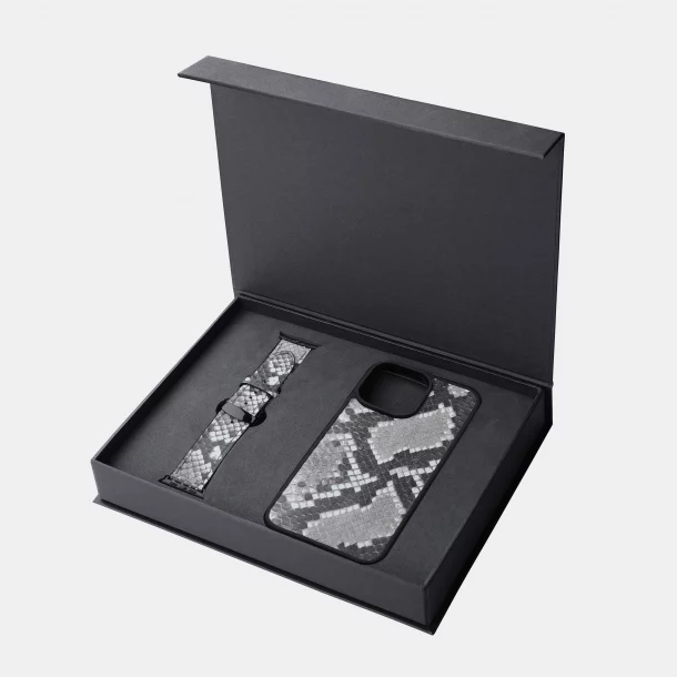 Набор из черно-белой кожи питона с мелкими чешуйками, чехол для iPhone и ремешок Apple Watch