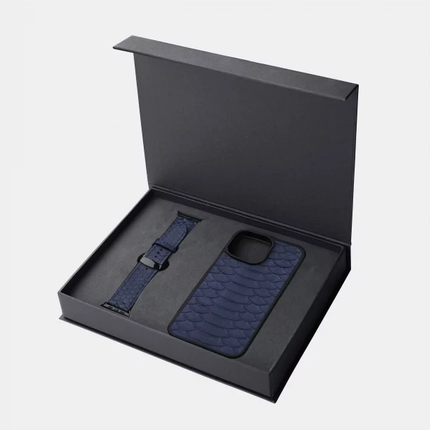 Набор из темно-синей кожи питона с широкими чешуйками, чехол для iPhone и ремешок Apple Watch