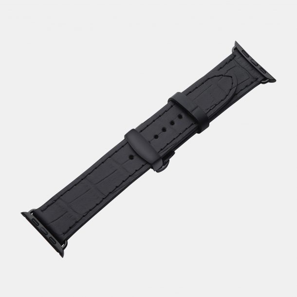 Ремешок для Apple Watch из телячьей кожи, тисненой под крокодила в черном цвете.