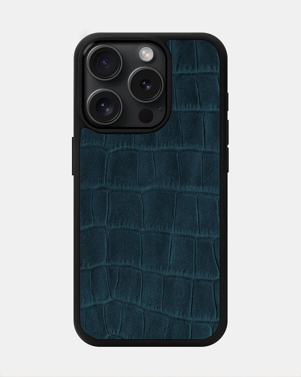 Чохол із темно-синього тиснення під крокодила на телячій шкірі для iPhone 15 Pro Max