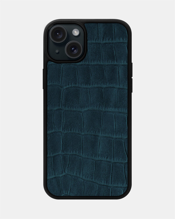 Чохол із темно-синього тиснення під крокодила на телячій шкірі для iPhone 15 Plus