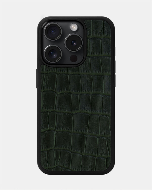 Чохол із темно-зеленого тиснення під крокодила на телячій шкірі для iPhone 15 Pro Max