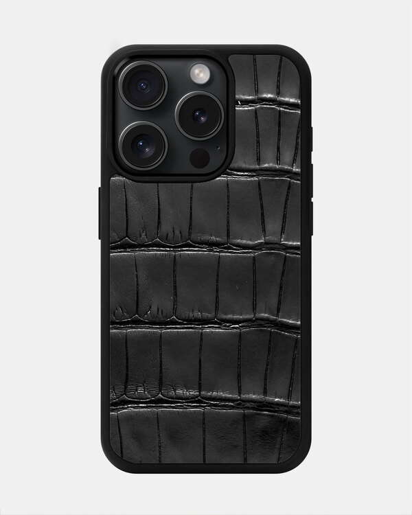 Чохол із чорної шкіри крокодила для iPhone 15 Pro Max