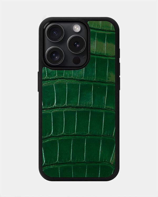 Чохол із темно-зеленої шкіри крокодила для iPhone 15 Pro Max