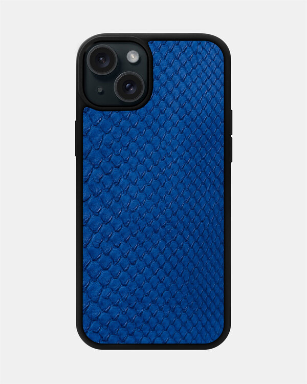 Чохол із синьої шкіри пітона з дрібними лусочками для iPhone 15 Plus