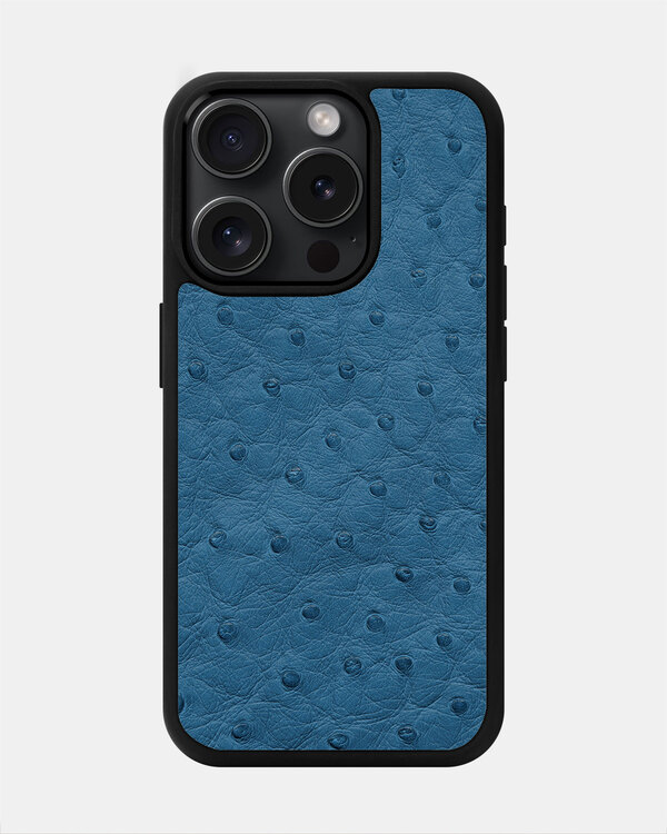 Чохол із блакитної шкіри страуса з фолікулами для iPhone 15 Pro Max