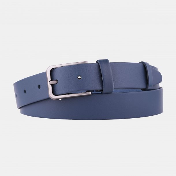 Blue leather belt with a gray buckle