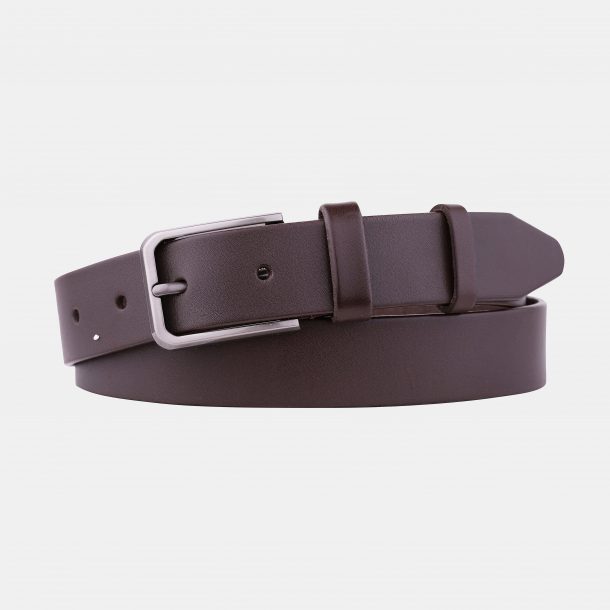 Brown leather belt with a gray buckle