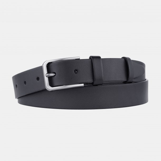 Black leather belt with a gray buckle