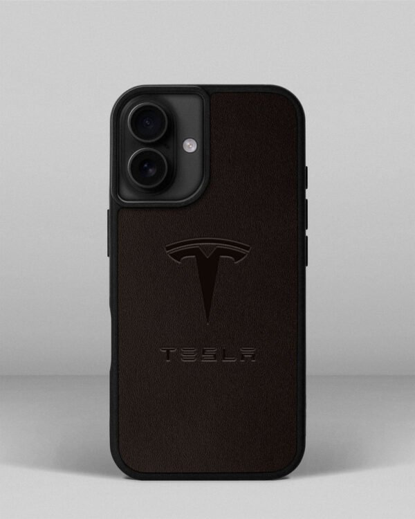 Чохол для iPhone 13 із шкіри купон в темно-коричневому кольорі з логотипом Tesla