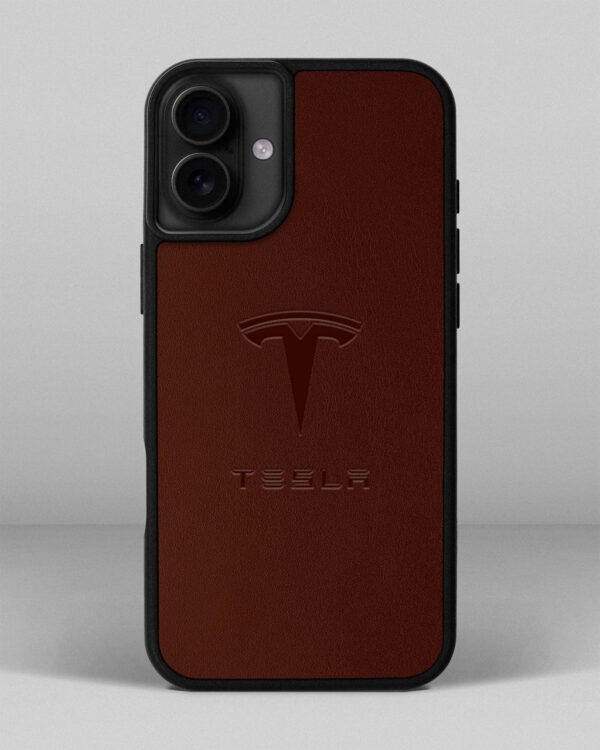 Чохол для iPhone 14 Plus із шкіри купон в рудому кольорі з логотипом Tesla