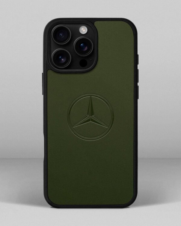Чохол для iPhone 13 Pro Max із шкіри купон в зеленому кольорі з логотипом Mercedes