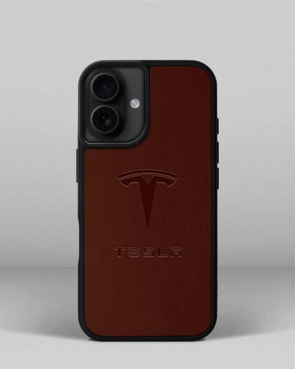 Чохол для iPhone 13 із шкіри купон в рудому кольорі з логотипом Tesla