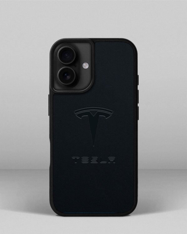 Чохол для iPhone 13 із шкіри купон в темно-синього кольорі з логотипом Tesla