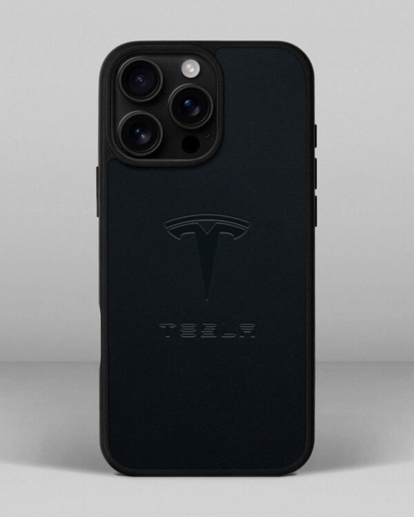 Чохол для iPhone 13 Pro Max із шкіри купон в темно-синього кольорі з логотипом Tesla