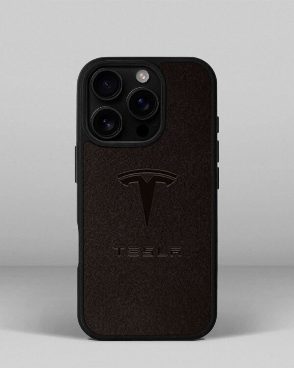 Чохол для iPhone 13 Pro із шкіри купон в темно-коричневому кольорі з логотипом Tesla