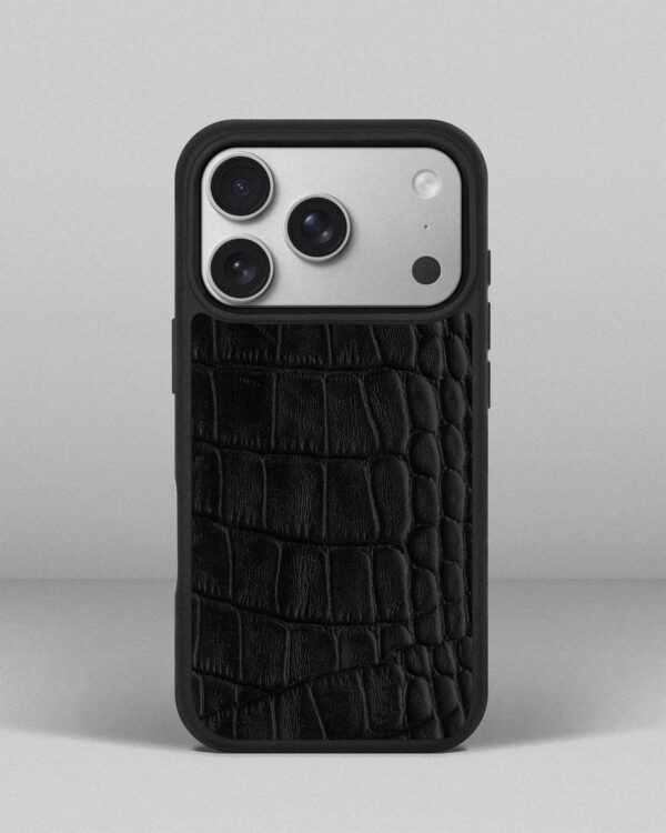 Чохол із чорного тиснення під крокодила на телячій шкірі для iPhone 17 Pro